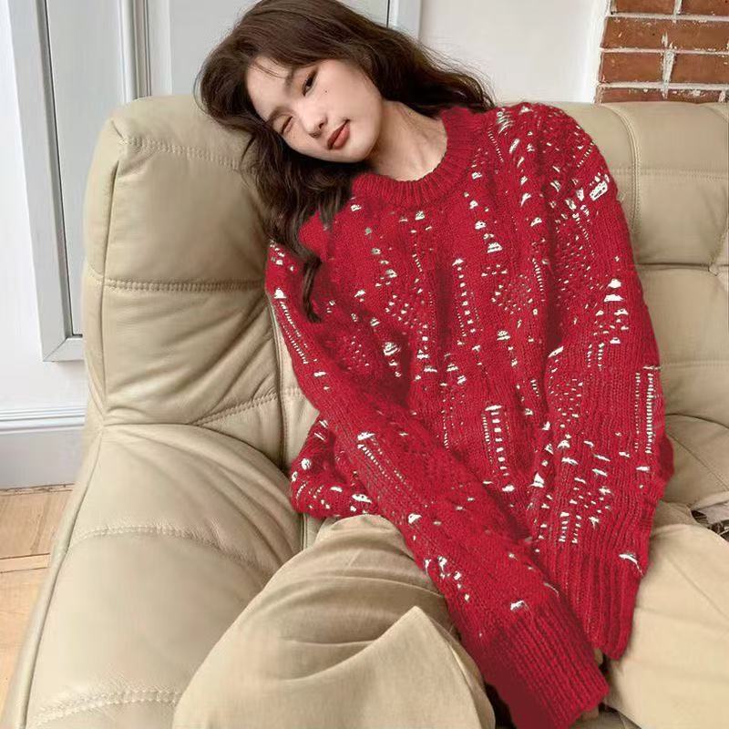 棉质费尔岛小众镂空提花圆领宽松毛衣秋冬双层新款针织衫套头外套