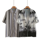 衬衫 寸衫 男夏季 条纹短袖 新款 宽松五分袖 ins港风印花上衣半袖 衬衣