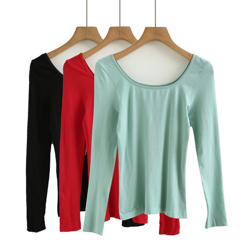 精梳棉秋冬打底衫女长袖U领低领