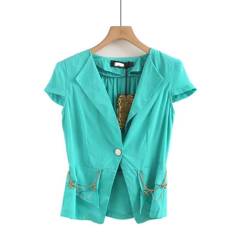 雪纺拼接夏新款修身通勤短款收腰上衣职业短袖小西服外套女紧身