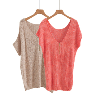 毛衣慵懒宽松中长短袖 夏季 女百搭气质薄款 V领显瘦针织衫 上衣 新款