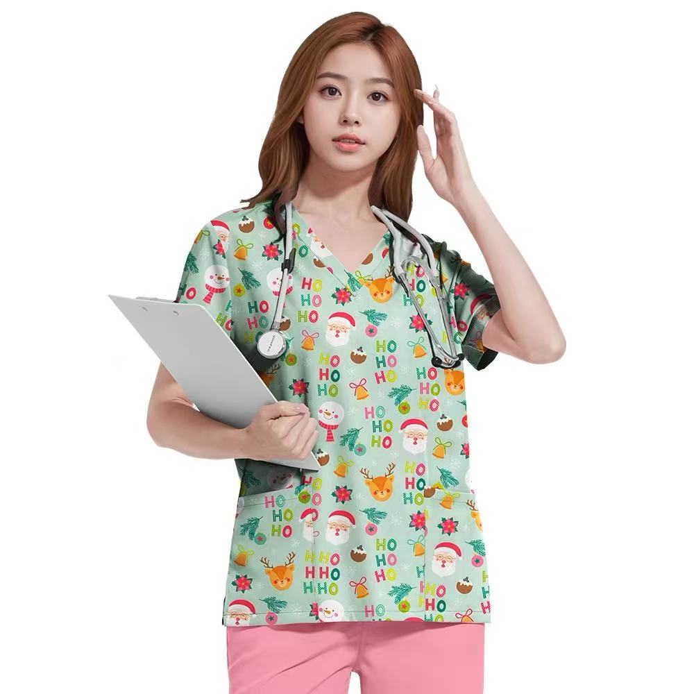 圣诞雪人卡通图案洗手衣短袖上衣V领速干薄款工作服护士服男女