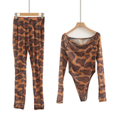 性感豹纹网纱透视长袖 女装 一字领镂空打底上衣套装 欧美2025夏爆款