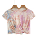外贸女夏季 洋气打结晕染t恤设计感圆领修身 短袖 母子装 小衫 上衣