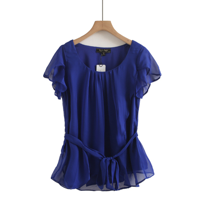 系带女纯色雪纺短袖衬衫女