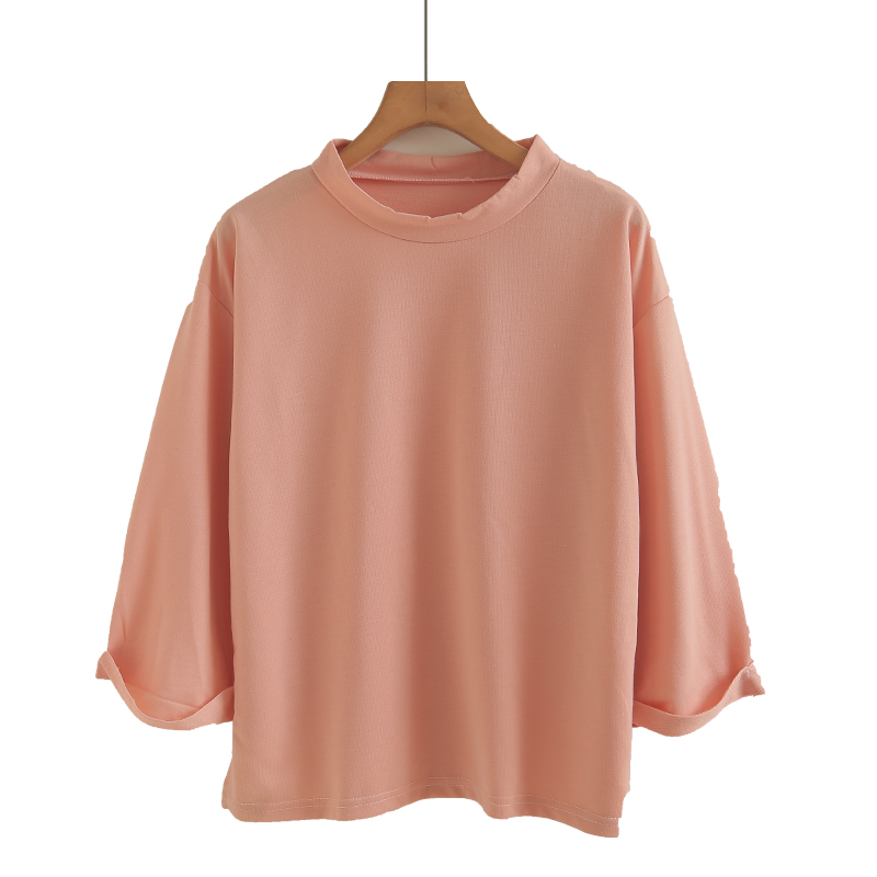 2025夏季新款T恤女七分袖宽松半高领正肩大码纯色上衣小立领
