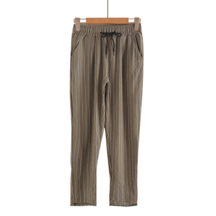 通勤百搭OL风高腰系带显瘦长裤 九分裤 女装 春秋新款 纯棉条纹休闲裤