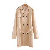 秋冬新款 纯色系带休闲显瘦风衣外贸原单女装 中长款 欧美双排扣经典