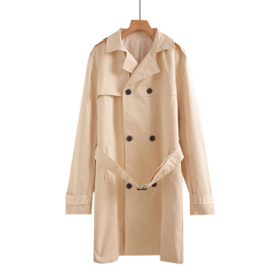 秋冬新款 纯色系带休闲显瘦风衣外贸原单女装 中长款 欧美双排扣经典