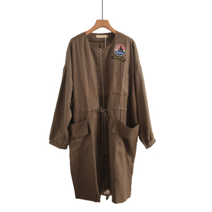 莱赛尔天丝圆领收腰系带简约中长款 风衣宽松百搭拉链外套女秋新款