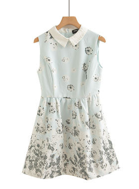 品牌折扣碎花连衣裙女2025修身性感小个子蓝色翻领a字裙中裙子