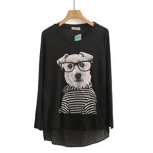 雪纺拼接 宽松套头中长款 美式 复古眼睛狗狗印花黑色T恤女春秋新款