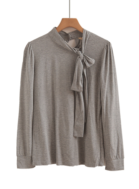 灰色立体蝴蝶结女春秋季修身内搭打底衫通勤百搭长袖上衣初秋款