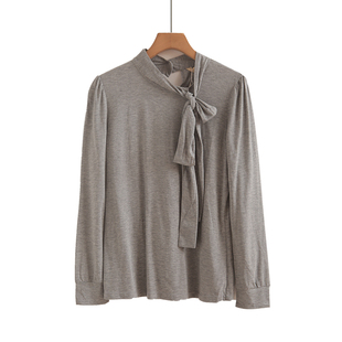 灰色立体蝴蝶结女春秋季修身内搭打底衫通勤百搭长袖上衣初秋款