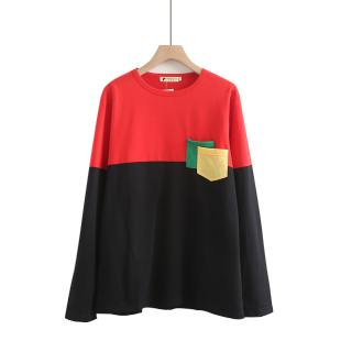 t恤潮学生大码 春秋新款 情侣装 撞色口袋宽松长袖 胖MMT恤 韩版