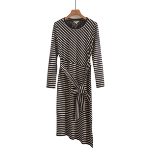 高腰系带后背蕾丝拼接过膝连衣裙 韩版 专柜品牌折扣女装 春秋新款