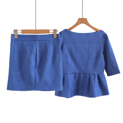 气质两件套装女夏季2025新款蓝色中袖提花短款上衣高腰半身裙