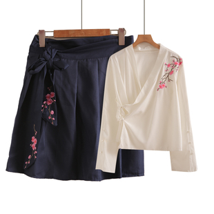 2026新款民族风女装交领汉服上衣复古长袖立体绣花衬衫茶服套装
