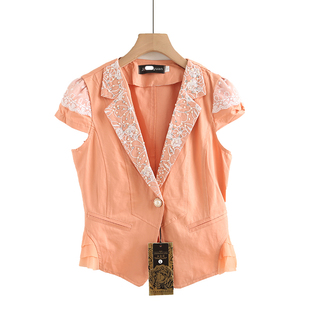 职业V领修身 小西服外套女紧身一粒扣上衣 蕾丝短袖