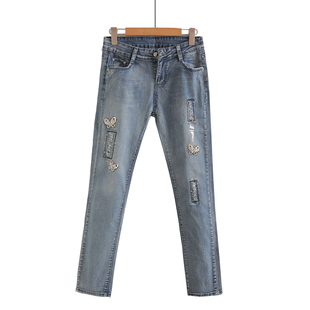 蝴蝶钉珠牛仔裤九分紧身小脚裤2025春秋新款弹力显瘦百搭铅笔裤