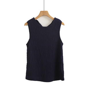 设计感黑色压皱肌理人棉粘胶背心大码 法式 立体褶皱新款 夏季 无袖