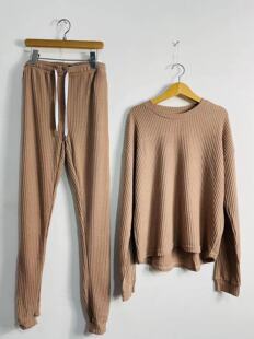 慵懒风网红时尚 气质休闲长裤 女春秋新款 针织套装 毛衣两件套 松紧裤