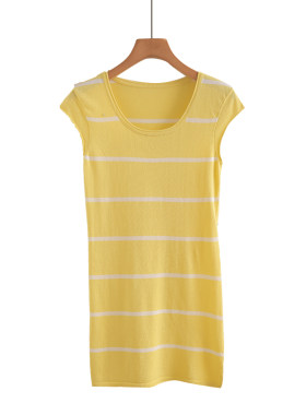 韩版条纹撞色圆领短袖针织衫女2026夏季新款修身显瘦中长款上衣