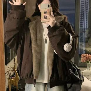座山雕大码美式复古双面穿加绒连帽外套女冬新款宽松保暖百搭上衣