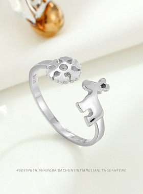 s925纯银气质简约雪花小鹿开口指环小众百搭饰品个性女款韩版戒指