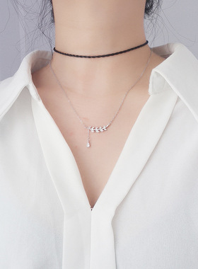 s925纯银镶钻橄榄枝项链韩版CHI