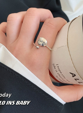 个性复古LUCKY字母开口指环925纯