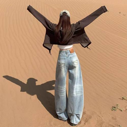 阔腿牛仔裤女设计感美式慵懒风