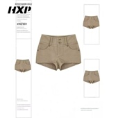 慵懒休闲热裤 卡其色中高腰显瘦牛仔短裤 直筒修身 新款 潮 女辣妹夏季