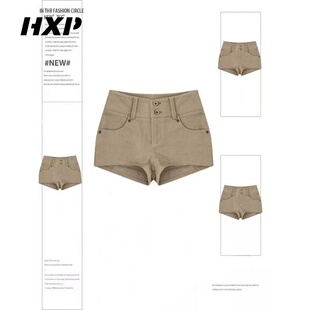 慵懒休闲热裤 卡其色中高腰显瘦牛仔短裤 直筒修身 新款 潮 女辣妹夏季