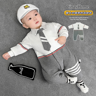 洋气婴儿连体衣春秋纯棉领带宝宝哈衣爬服背心外套秋冬装 加绒衣服