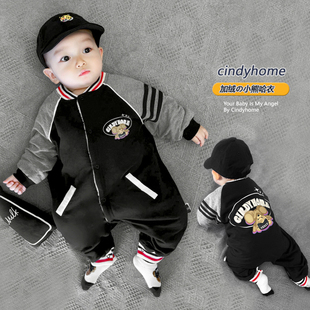 男宝宝衣服 厚款 卡通熊新生婴儿连体衣秋冬季 洋气双层加绒冬天冬装