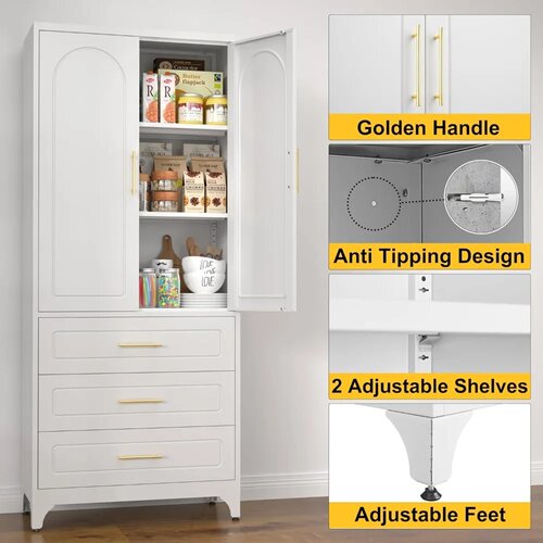 Metal Kitchen Pantry Storage Cabinet with 3 Drawers，75 Inch
