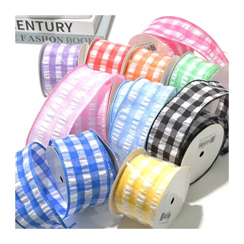 5 Yards 63mm Plaid Ribbon Peach Heart Wire Edge Ribbon Holi
