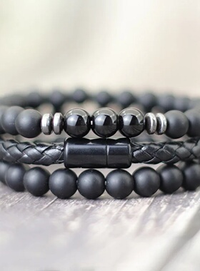 Noter 3pcs Men Bracelet Set 8mm Natural Onyx Tiger Eyes Sto