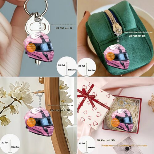 Cute Pink Motorcycle Helmet Pendant Keychain 2D Flat Acryli
