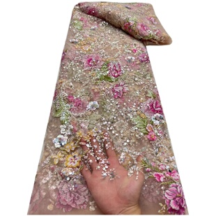 5ards Colorful African Mesh Fabric Sequins Beaded Embroider