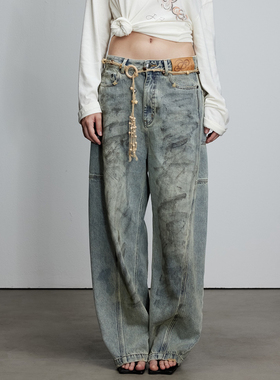 JAC FLEURANT2025秋季新款设计感蓝色弯刀做旧手绘脏脏牛仔裤长裤