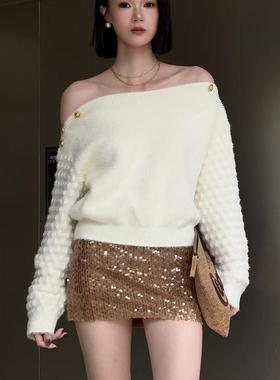 官方授权LOOSINGWHITE秋冬新一字肩貂毛毛衣上衣时尚针织衫女现货