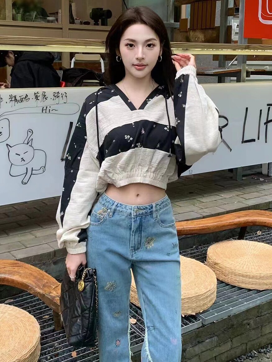【张可盈同款】JacFLeurant夏新碎花印花拼接宽松短款帽衫上衣女