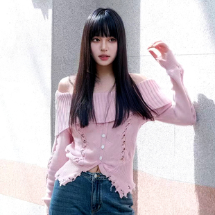 粉色一字肩破坏开叉毛衣甜辣针织衫 JAC FLEURANT设计师25春秋新品