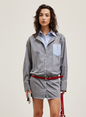 JAC FLEURANT设计师2026春秋新款假两件条纹衬衣收腰连衣裙衬衫裙