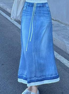 LOOSINGWHITE设计师24夏新款天丝牛仔印花抽绳半裙松紧拼接腰半裙