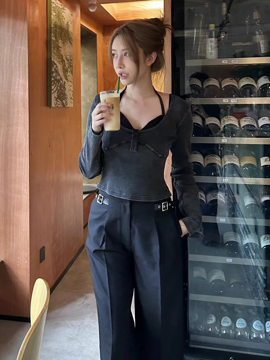 设计师挂脖长袖T恤修身好穿单衣