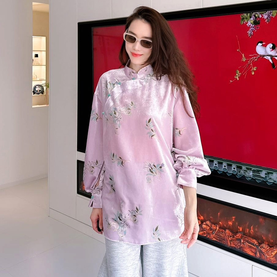 全球购YEESIN2026春秋新款丝绒印花衬衫宽松新中式紫色斜襟上衣女