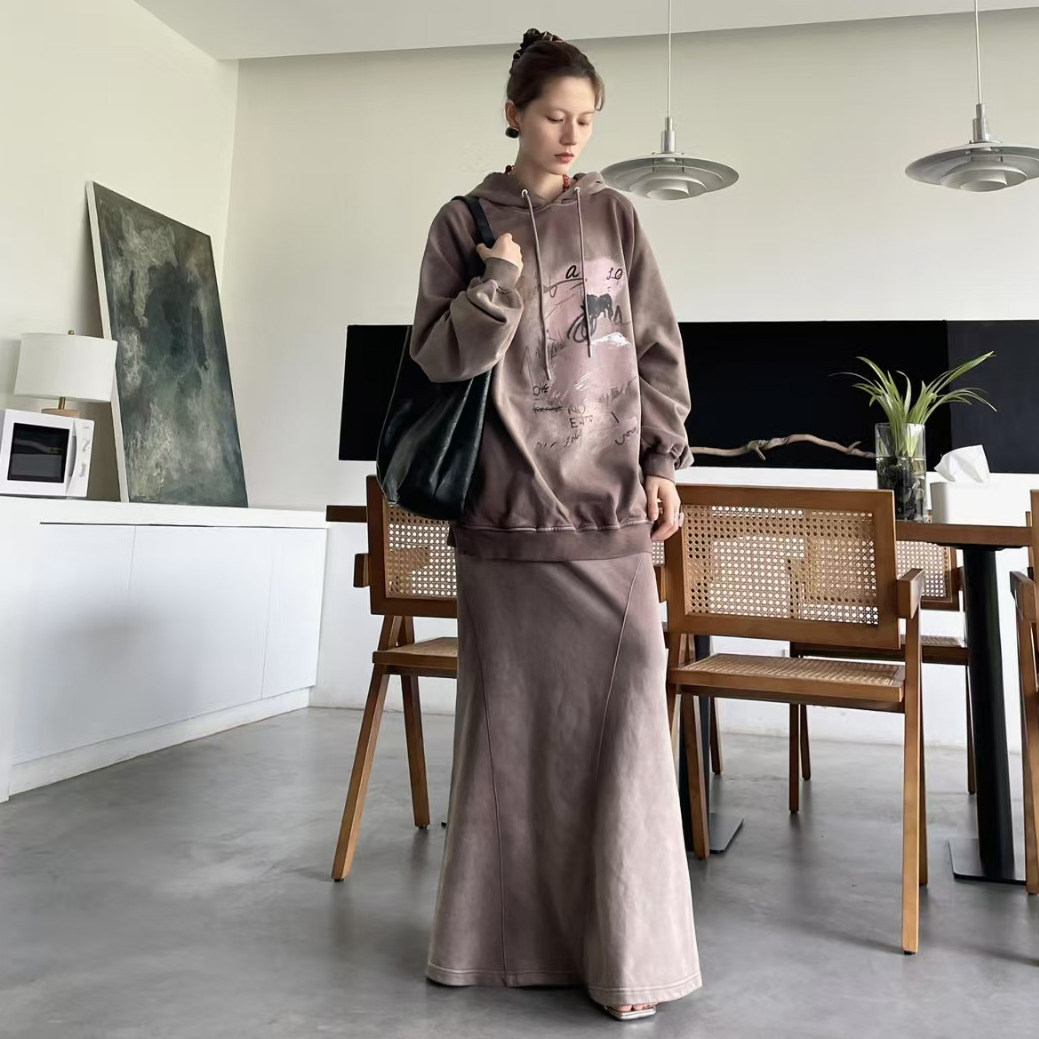 JAC FLEURANT25春秋新款水洗美拉德褐色印花帽衫长裙时尚休闲套装